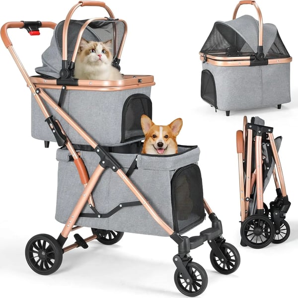Lemmikkirattaat - 4-in-1 tuplakoiravaunut - 2-tasoinen - Pienille koirille & kissoille - Jopa 10+15 kg - Verkkoikkunat - Taitettava - Harmaa