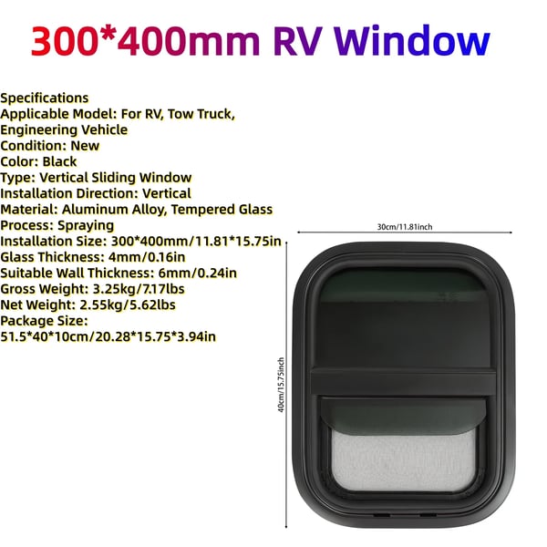 Autocamper/Caravan vindue - Lodret skydevindue - 300×400 mm - Hærdet glas - Aluminiumsramme - Insektnet & solskærm - Sølv