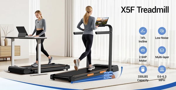 Løbebånd - X5F - Sammenklappeligt - Motor 2,5 hk - Topfart 10 km/t - Maxvægt 150 kg - Hældning 3 niveauer 2/10/14 % - LED-display - Sort