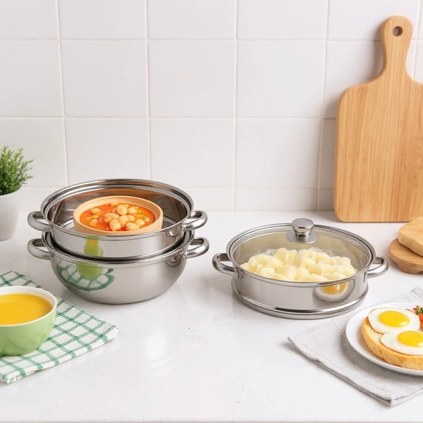 Höyrykeitin Ruostumatonta Terästä - Höyrykattila 28 cm - 3‑Tasoinen - Suuri Tilavuus - Kannella - Monikäyttöinen Ruoalle, Vihanneksille, Keitolle