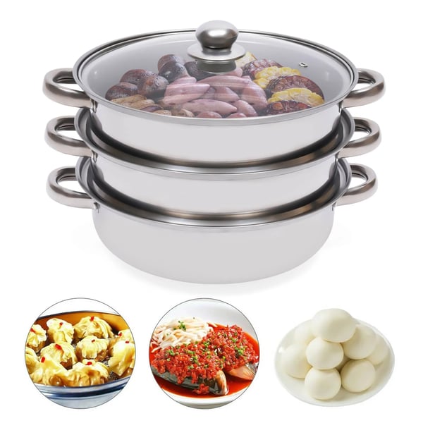 Höyrykeitin Ruostumatonta Terästä - Höyrykattila 28 cm - 3‑Tasoinen - Suuri Tilavuus - Kannella - Monikäyttöinen Ruoalle, Vihanneksille, Keitolle