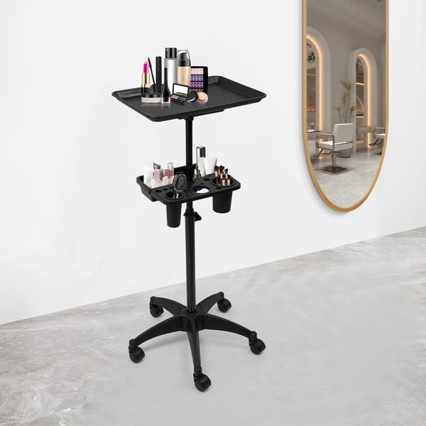 Salonvogn - Bakkevogn på hjul - Højdejusterbar 68–101 cm - 2 Hylder - 5 Drejehjul - Aluminium/PP/ABS - 45×33 cm - Sort