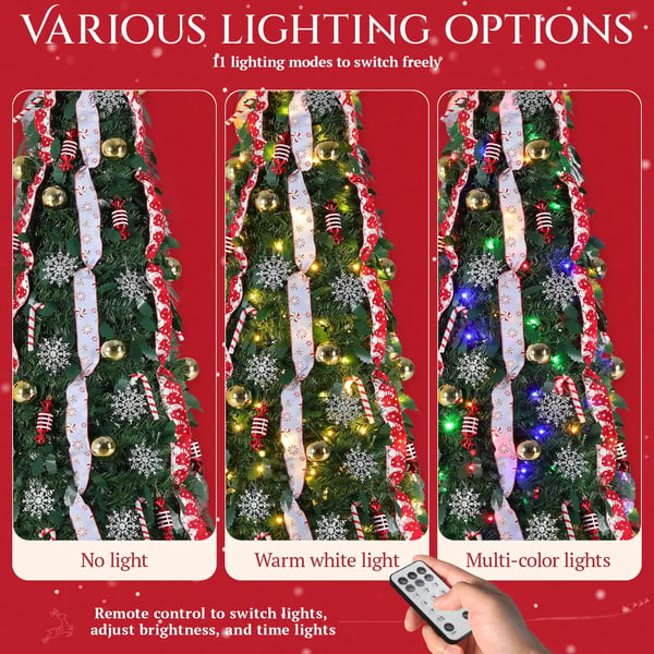 Juletræ - Pop-up med pynt - 60 cm - Forbelyst med farvede LED-lys - Sammenklappeligt - Fjernbetjening - RoHS