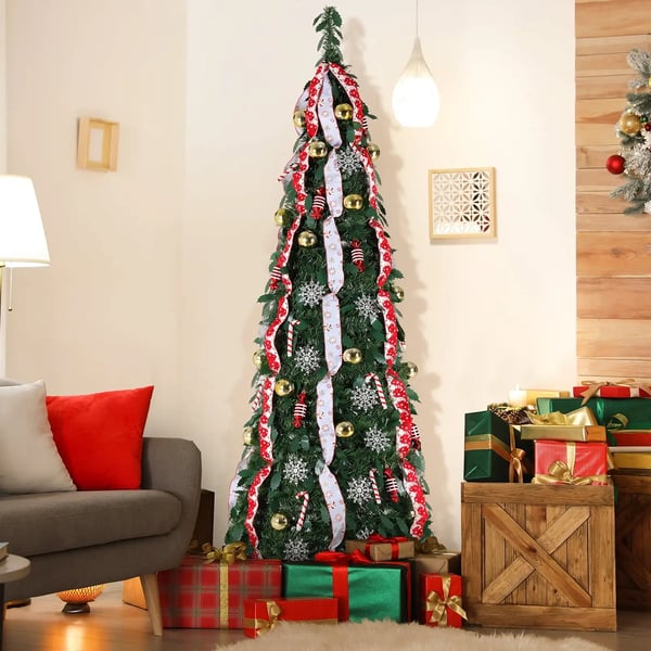 Juletræ - Pop-up med pynt - 60 cm - Forbelyst med farvede LED-lys - Sammenklappeligt - Fjernbetjening - RoHS