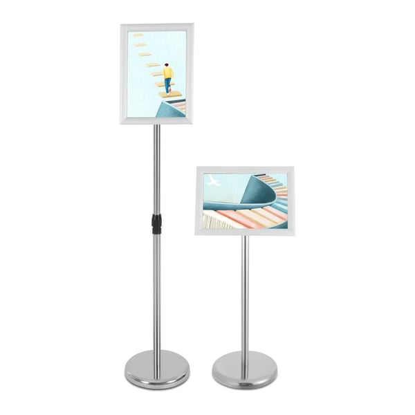 A4 Affischställ Set - Golvstående Skylthållare - 8-pack - Justerbar höjd 80–130 cm - A4 ram - Bas Ø25 cm - Rostfritt stål - Silver