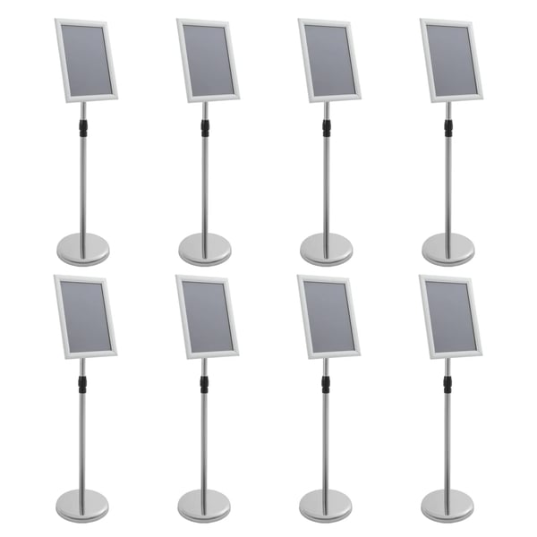 A4 Plakatstander Sæt - Gulvstående Skilteholder - 8-stk - Justerbar højde 80–130 cm - A4 ramme - Fod Ø25 cm - Rustfrit stål - Sølv