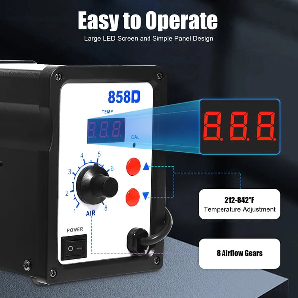 Varmluft lodde- & rework-station 858D - 700 W - Digitalt display - Justerbar temperatur - Bærbar - Sort