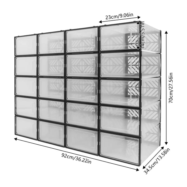 Skokasser - Stablebare opbevaringskasser - Sæt med 20 - Til garderobe og soveværelse - 92×70×34,5 cm - Sort