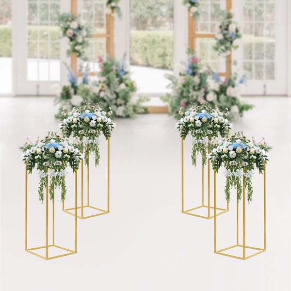 Bryllups borddekoration - Geometrisk blomsterstander i søjleform - 60 cm høj, 24×24 cm base, 4-pak, jern, rektangulær, bærer 10 kg - Guld
