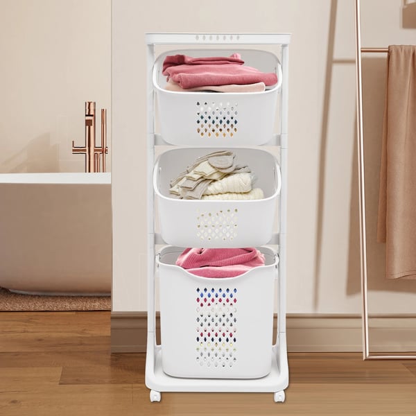 Tvättkorg - Rullvagn med 2 korgar - Stor kapacitet - 4 hjul - PP-plast - Korgar 37,5×28×35 cm & 38×28×20 cm - Vit