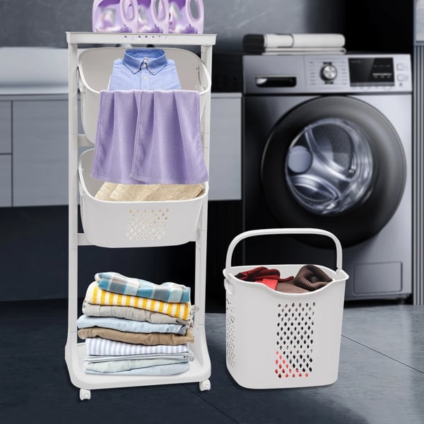 Vasketøjskurv - Rullevogn med 2 kurve - Stor kapacitet - 4 hjul - PP-plast - Kurve 37,5×28×35 cm & 38×28×20 cm - Hvid