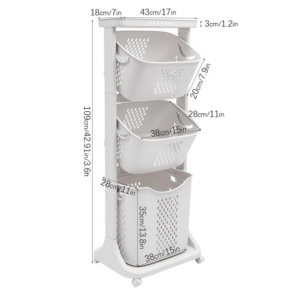Vasketøjskurv - Rullevogn med 2 kurve - Stor kapacitet - 4 hjul - PP-plast - Kurve 37,5×28×35 cm & 38×28×20 cm - Hvid