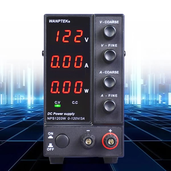 Stabiliseret DC laboratorie-strømforsyning - NPS1203W - Justerbar 0–120 V 0–3 A - LED 3-cifret Display - AC 220 V Indgang - Kompakt - Sort