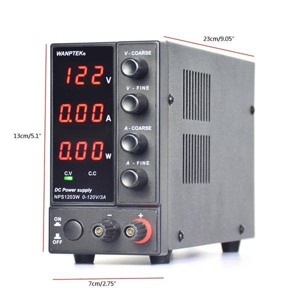 Stabiliseret DC laboratorie-strømforsyning - NPS1203W - Justerbar 0–120 V 0–3 A - LED 3-cifret Display - AC 220 V Indgang - Kompakt - Sort