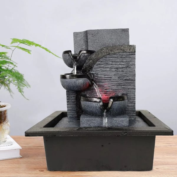 Zen bordfontæne - Indendørs fontæne - LED-lys - Vandfald - Steneffekt i harpiks - Feng Shui - Til meditation og afslapning - Sort