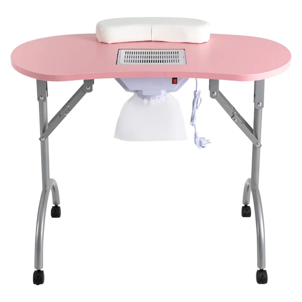 Manikyrbord/Nagelbord - Portabel hopfällbar arbetsstation - Dammutsug - Handledsstöd - Hjul - Metallram - Rosa