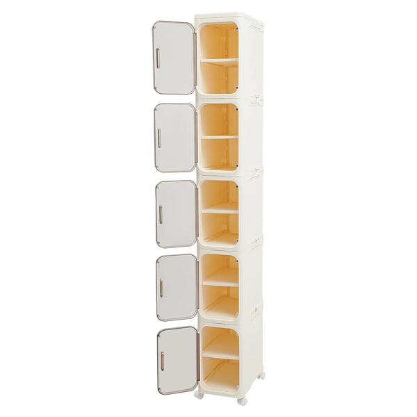 Badeværelsesskab - Smalt opbevaringsskab - 5 hylder - Med hjul - Fritstående - Mål 21×34×157 cm - Hvid