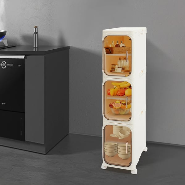 Badeværelsesskab - Smalt opbevaringsskab - 5 hylder - Med hjul - Fritstående - Mål 21×34×157 cm - Hvid