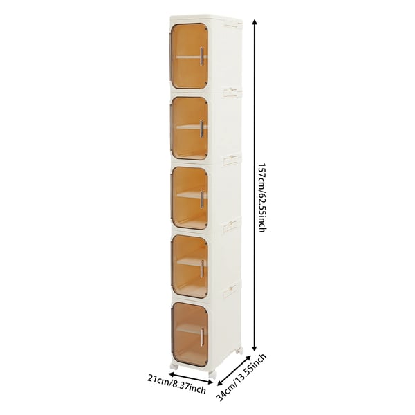 Badeværelsesskab - Smalt opbevaringsskab - 5 hylder - Med hjul - Fritstående - Mål 21×34×157 cm - Hvid