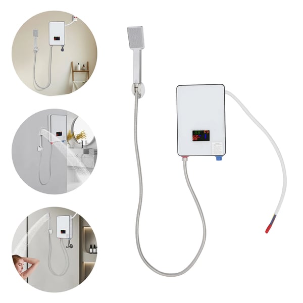 Elektrisk vandvarmer - Gennemstrømsvandvarmer - 6500W 220V - Vægmonteret - Øjeblikkelig opvarmning - LED-display - Håndbruser - Type B - Sølv