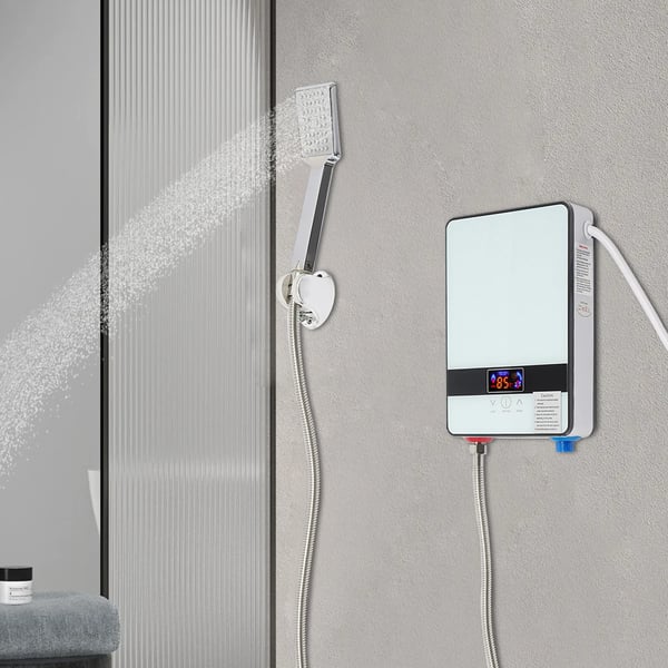 Elektrisk gennemstrømningsvandvarmer - Brusersæt - 6500 W - 220 V - Vægmonteret - LED-display - Håndbruser - Hvid