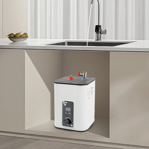 Mini varmvattenberedare - Elektrisk 5 L - 0–65 °C termostat - Övre utlopp - Kompakt för kök & bad - Guld
