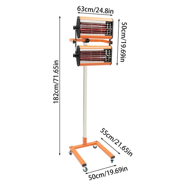 Infrarød Lak- og Malingstørrer - 2×1000 W Hærdningslampe på Stativ - Justerbar Timer 0–60 min - Med Ledning - Orange/Gul