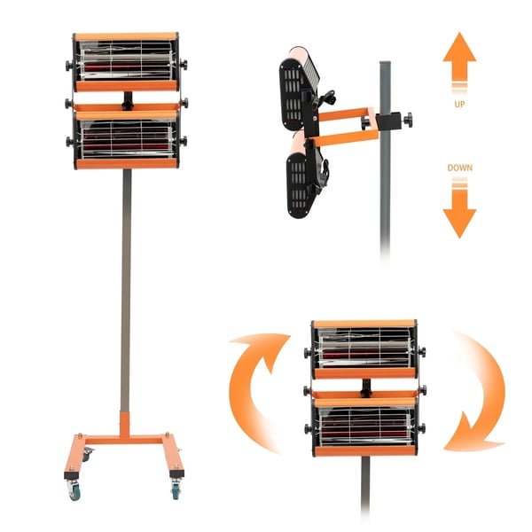 Infrarød Lak- og Malingstørrer - 2×1000 W Hærdningslampe på Stativ - Justerbar Timer 0–60 min - Med Ledning - Orange/Gul