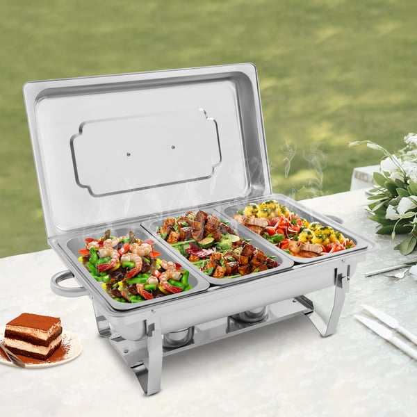 Buffetvarmer - Chafing Dish Sæt - Rektangulær - 3 Sektioner - 410 Rustfrit Stål - Til Catering & Restaurant - CE/EU Godkendt - Sølv