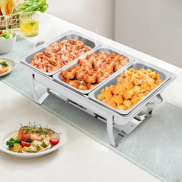 Buffetvarmer - Chafing Dish Sæt - Rektangulær - 3 Sektioner - 410 Rustfrit Stål - Til Catering & Restaurant - CE/EU Godkendt - Sølv