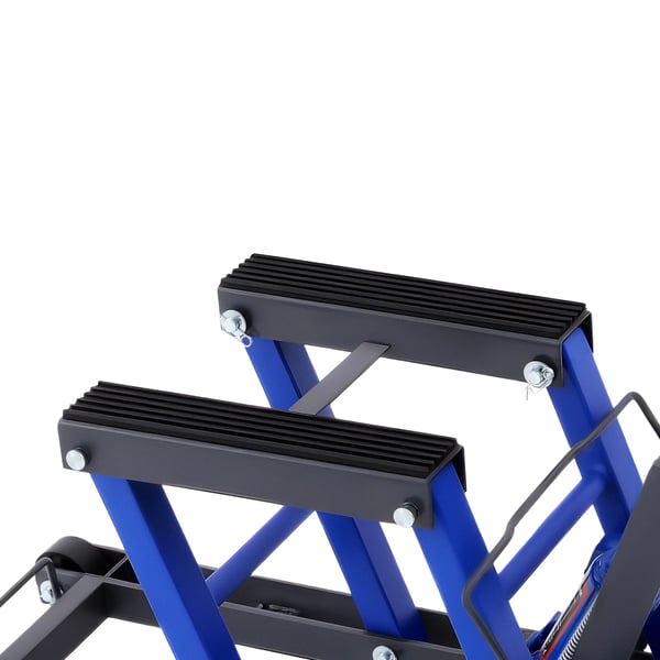 MC-lift - Hydraulisk reparationsstativ - 680 kg kapacitet - Løftehøjde 12–38,7 cm - A3-stål, gummi - 2 hjul uden bremse - Blå