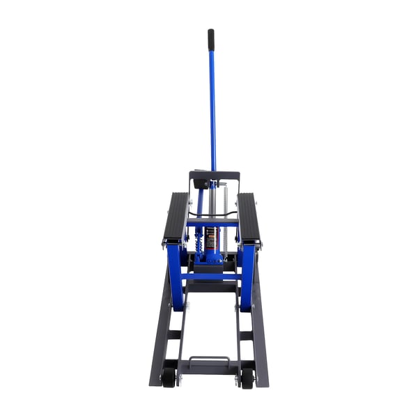 MC-lift - Hydraulisk reparationsstativ - 680 kg kapacitet - Løftehøjde 12–38,7 cm - A3-stål, gummi - 2 hjul uden bremse - Blå