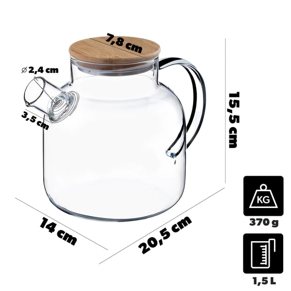 Glaskande - Karaffel 1,5 l - Skruelåg - Til te, vand, kompot - Med tefilter - Fødevaresikker (FCM)