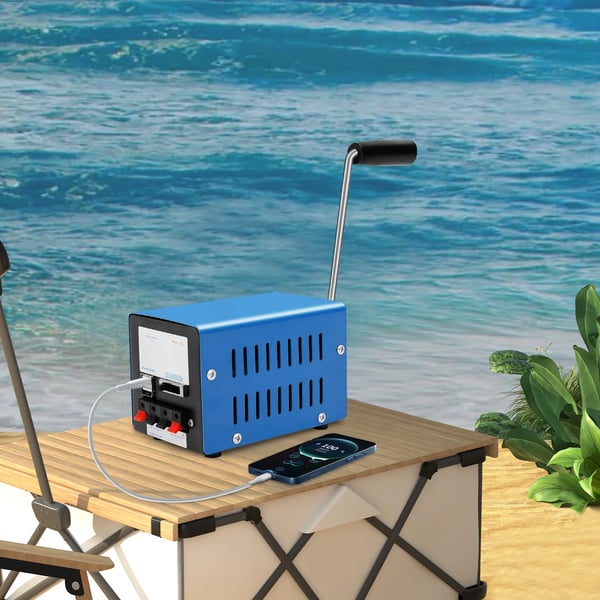 Håndsvinget USB-generator - Nødoplader til telefon - 20 W maks. - Manuel betjening - Metal - 12,7×8,6×8,8 cm - Blå