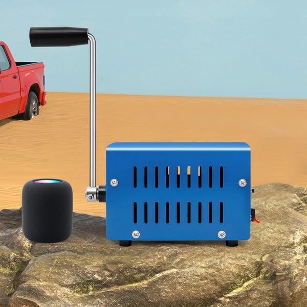 Håndsvinget USB-generator - Nødoplader til telefon - 20 W maks. - Manuel betjening - Metal - 12,7×8,6×8,8 cm - Blå