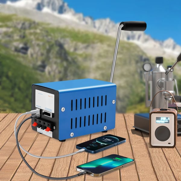 Håndsvinget USB-generator - Nødoplader til telefon - 20 W maks. - Manuel betjening - Metal - 12,7×8,6×8,8 cm - Blå