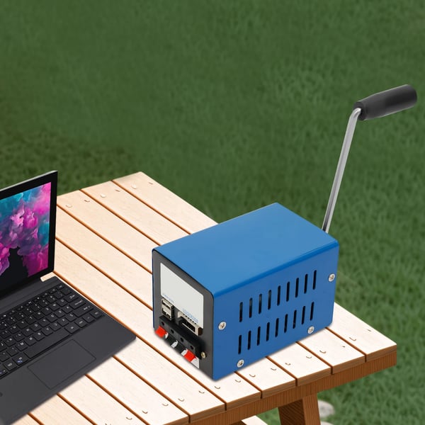 Håndsvinget USB-generator - Nødoplader til telefon - 20 W maks. - Manuel betjening - Metal - 12,7×8,6×8,8 cm - Blå