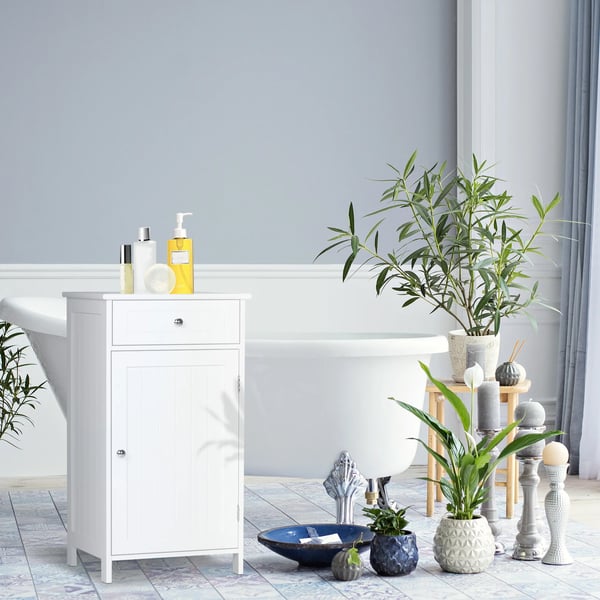 Badrumsskåp - Golvstående - 1 låda och 1 dörr - Justerbar hylla - Fukttålig spånskiva - 43×34×77 cm - Vit