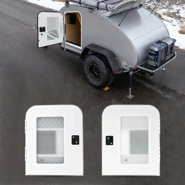 Indgangsdør til autocamper/campingvogn - RV-dør - Venstre førerside - 660×812 mm - Tykkelse 30–60 mm - Aluminiumlegering, matteret glas - Med lås