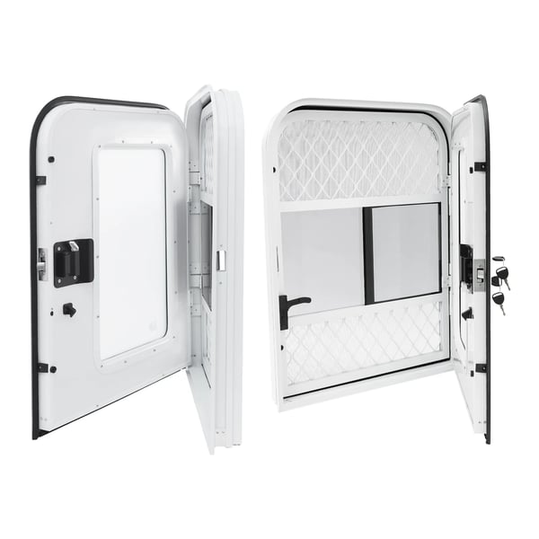 Indgangsdør til autocamper/campingvogn - RV-dør - Venstre førerside - 660×812 mm - Tykkelse 30–60 mm - Aluminiumlegering, matteret glas - Med lås