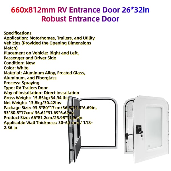 Indgangsdør til autocamper/campingvogn - RV-dør - Venstre førerside - 660×812 mm - Tykkelse 30–60 mm - Aluminiumlegering, matteret glas - Med lås