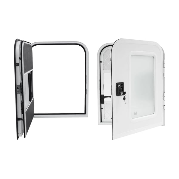 Indgangsdør til autocamper/campingvogn - RV-dør - Venstre førerside - 660×812 mm - Tykkelse 30–60 mm - Aluminiumlegering, matteret glas - Med lås