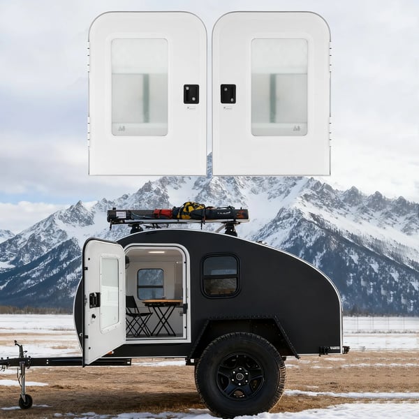 Autocamper/campingvogn dør - Indstigningsdør til førerside - Udsnit 660×914 mm - Vægtykkelse 30–60 mm - Aluminiumlegering, mat glas - Sort