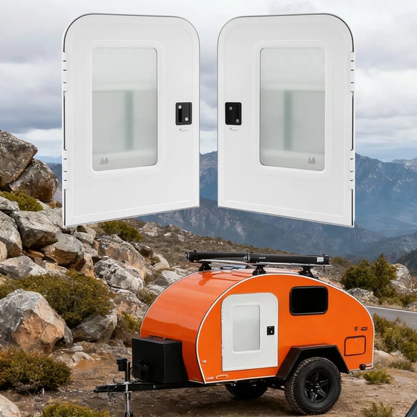 Autocamper/campingvogn dør - Indstigningsdør til førerside - Udsnit 660×914 mm - Vægtykkelse 30–60 mm - Aluminiumlegering, mat glas - Sort