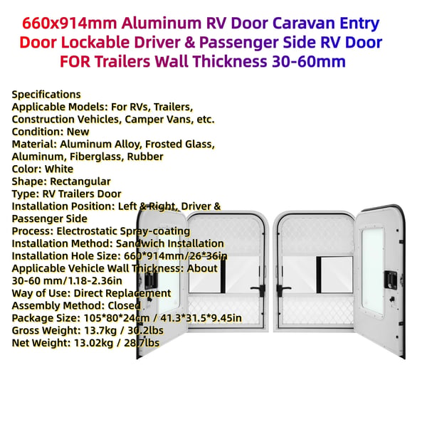 Autocamper/campingvogn dør - Indstigningsdør til førerside - Udsnit 660×914 mm - Vægtykkelse 30–60 mm - Aluminiumlegering, mat glas - Sort