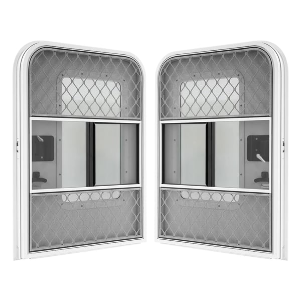 Autocamper/campingvogn dør - Indstigningsdør til førerside - Udsnit 660×914 mm - Vægtykkelse 30–60 mm - Aluminiumlegering, mat glas - Sort