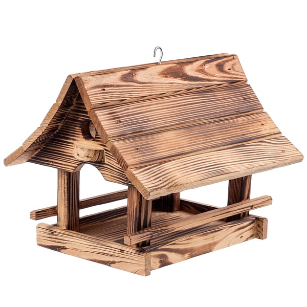 Fuglehus & Foderbræt - Træhus - 30 x 25 cm - Brændt træ - Udendørs