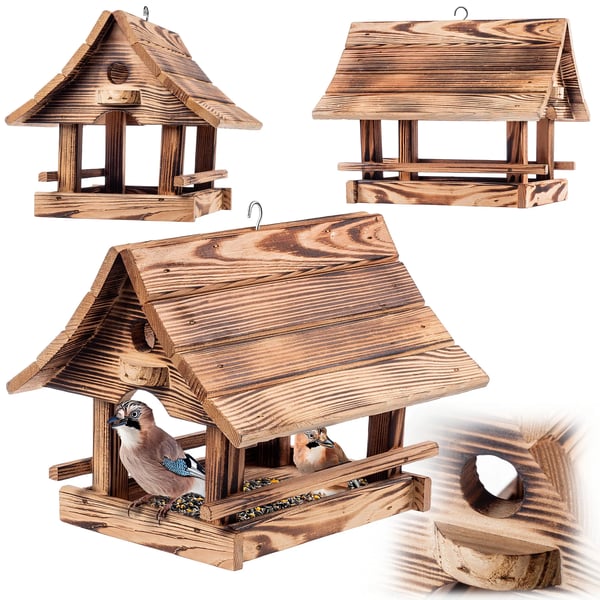 Fuglehus & Foderbræt - Træhus - 30 x 25 cm - Brændt træ - Udendørs
