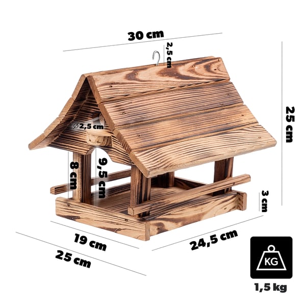 Fuglehus & Foderbræt - Træhus - 30 x 25 cm - Brændt træ - Udendørs