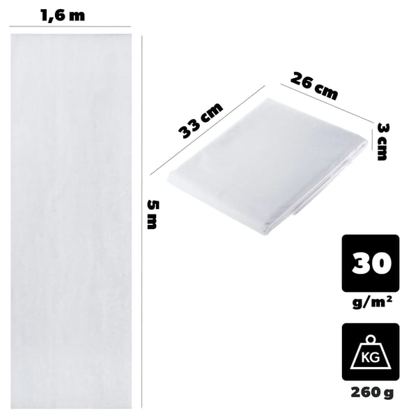 Fiberdug/Agrotextil til have - Vinter beskyttelsesdug - 1,6 x 5 m - 30 g/m² - Plastik - Hvid